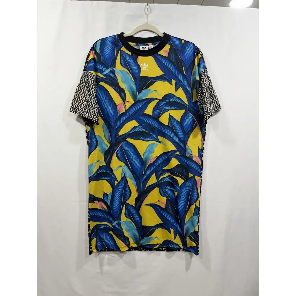 Adidas x FARM Rio Tropical Palm Leaf Print T-Shirt Dress Womens Blue - Size M - Picture 1 of 9